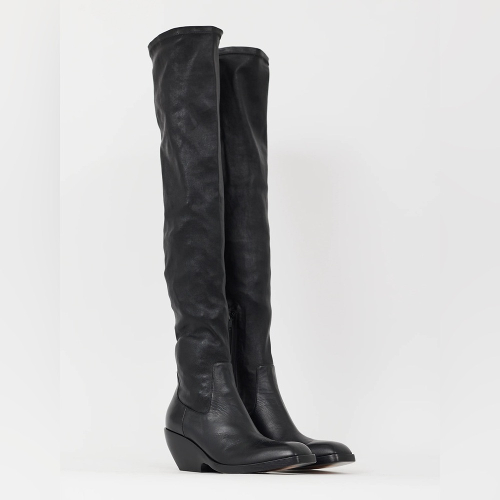 Black Genuine Leather Over the Knee Cowboy Boots